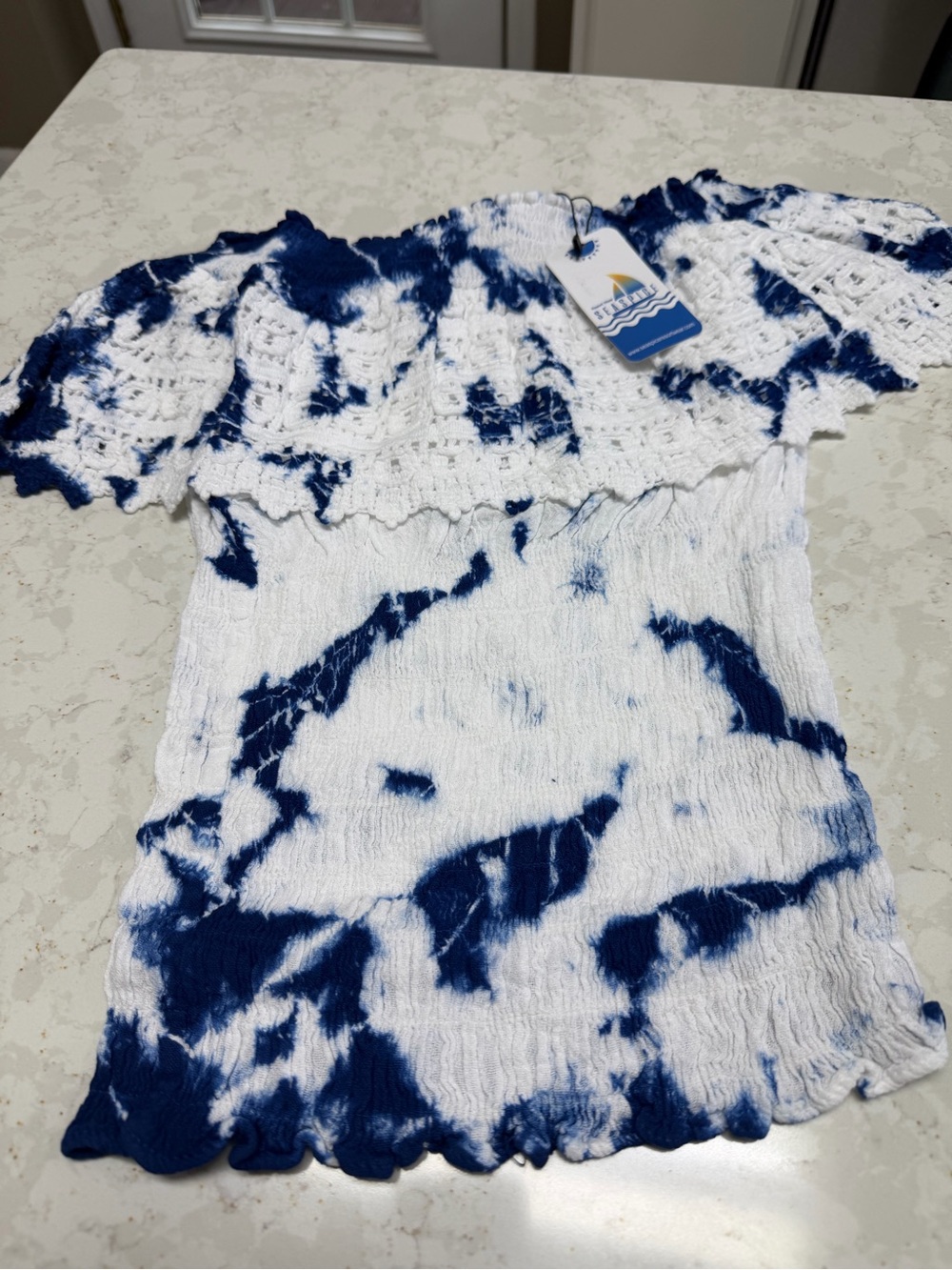Smocked Tie-Dye Off-Shoulder Camisole - White & Navy new large - Picture 1 of 6